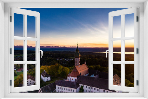 Fototapeta Naklejka Na Ścianę Okno 3D - Andechs Monastery, aerial view at sunset, Ammersee, Fünfseenland, Pfaffenwinkel, Upper Bavaria, Bavaria, Germany,