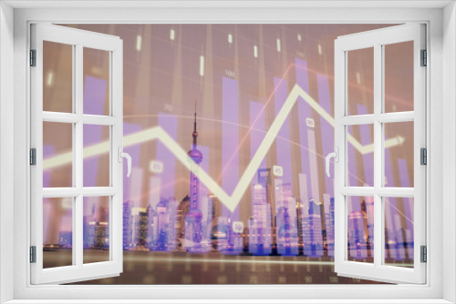Fototapeta Naklejka Na Ścianę Okno 3D - Forex chart on cityscape with tall buildings background multi exposure. Financial research concept.
