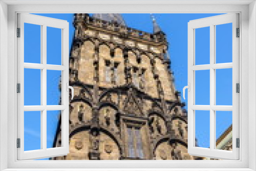 Powder Gate Tower architectural detail, the Royal Route start, Old Town, UNESCO World Heritage Site, Prague, Czech Republic, sunny day