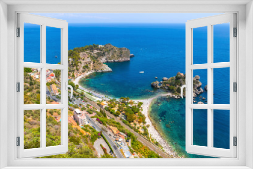 Fototapeta Naklejka Na Ścianę Okno 3D - Aerial view of Isola Bella island and beach in Taormina, Sicily, Italy. Ionian seacoast. Isola Bella (Sicilian: Isula Bedda) also known as The Pearl of the Ionian Sea