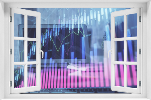 Fototapeta Naklejka Na Ścianę Okno 3D - Stock market graph on background with desk and personal computer. Double exposure. Concept of financial analysis.