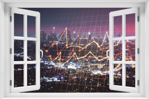 Fototapeta Naklejka Na Ścianę Okno 3D - Financial graph on night city scape with tall buildings background multi exposure. Analysis concept.