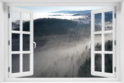 Fototapeta Naklejka Na Ścianę Okno 3D - Aerial top view  Flying over fog clouds air pollution concept