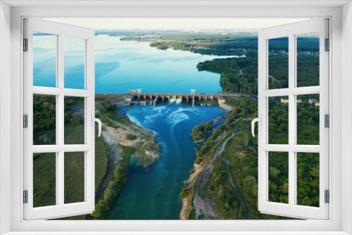 Fototapeta Naklejka Na Ścianę Okno 3D - Aerial panorama of Dam at reservoir with flowing water, hydroelectricity power station, drone photo.