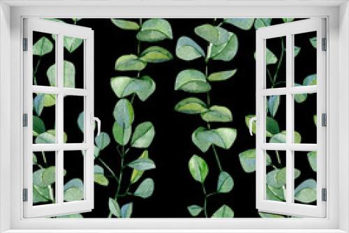 Fototapeta Naklejka Na Ścianę Okno 3D - Watercolor hand painted silver dollar eucalyptus pattern . Greenery branches and leaves isolated on dark seamless background .  Floral illustration for wrapping paper, print and textile fabric