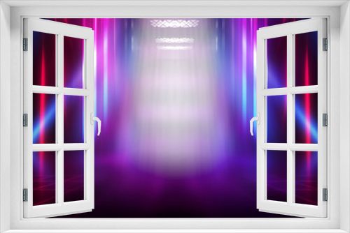 Open elevator doors close-up, neon lights on a dark abstract background. Empty stage in the club