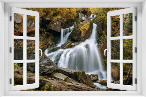 Fototapeta Naklejka Na Ścianę Okno 3D - waterfall moss trees mountains autumn water