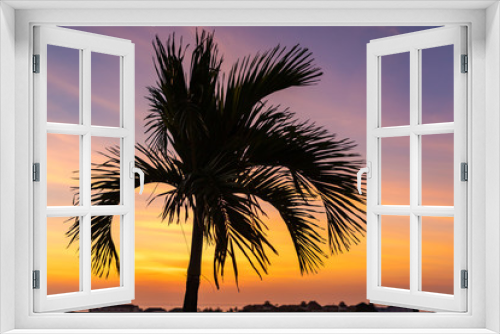 Fototapeta Naklejka Na Ścianę Okno 3D - Sunset and tropical palm tree silhouette over Seminyak district with colorful landscape background. Bali island, Indonesia.