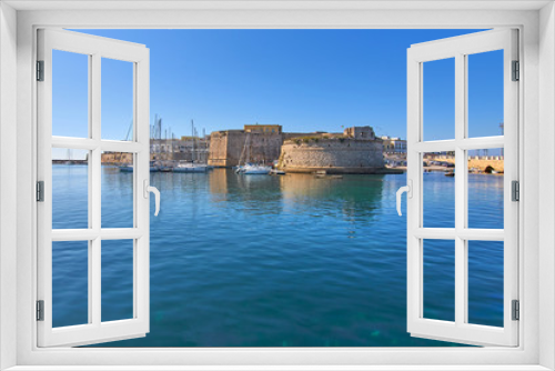 Fototapeta Naklejka Na Ścianę Okno 3D - View At Il Rivellino Fortress And Gallipoli Castle Around Old Harbour Gallipoli Puglia Italy