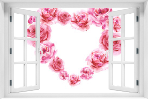 Fototapeta Naklejka Na Ścianę Okno 3D - Happy Valentine's Day.Vintage heart from pink roses isolated on white background.Watercolor painting ,handwork for the Design of a greeting card,template, frame,wedding invitations, Valentine's Day.