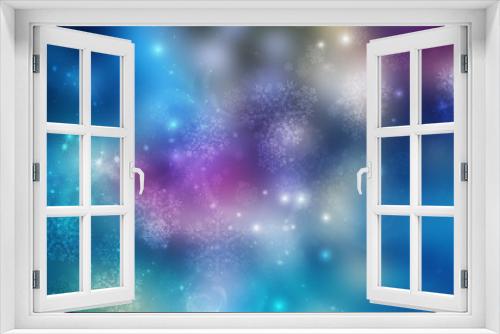 Fototapeta Naklejka Na Ścianę Okno 3D - Blurred festive abstract background. Blurry bokeh lights, snowflakes, neon glow
