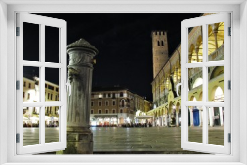 Padova, Italy - October 14th, 2019: The Beautiful Streets of Padova (Padua), in Italy, at night with its magical arcades (Portici) and its beautiful squares Piazza delle erbe e Piazza della Frutta