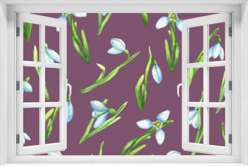 Fototapeta Naklejka Na Ścianę Okno 3D - Watercolor spring pattern. Seamless pattern with watercolor snowdrops on violet background. Floral background. First flowers illustration. 
