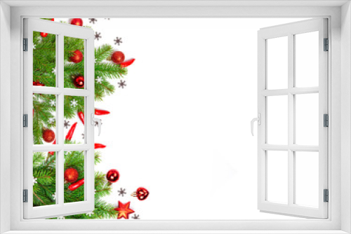 Fototapeta Naklejka Na Ścianę Okno 3D - Christmas flatly copyspace. Red Christmas ornament, spicy pepper and sprigs of spruce on a white isolated background. Christmas frame. Design elements.