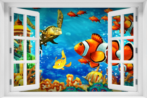 Fototapeta Naklejka Na Ścianę Okno 3D - cartoon scene animals swimming on colorful and bright coral reef - illustration for children