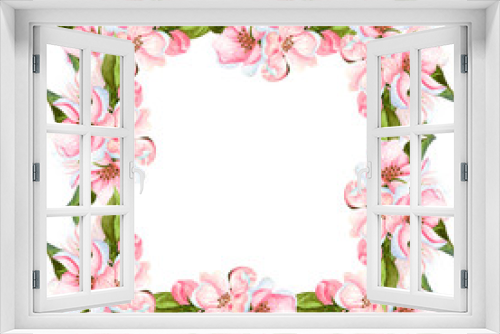 Fototapeta Naklejka Na Ścianę Okno 3D - Watercolor apple blossoming tree frame isolated on white. Hand drawn floral corner wreath with flowers, leaves and buds. Perfect for invitations, design and wedding cards.