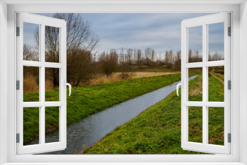 Fototapeta Naklejka Na Ścianę Okno 3D - waterside with grass aside and trees in winter