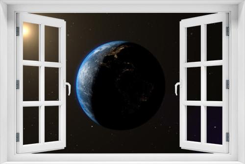 Fototapeta Naklejka Na Ścianę Okno 3D - Planet earth from space. Planet earth. Contains space, planet, stars, sea, earth, sunset, globe and city lights. Ultra realistic 3D rendering. 3D illustration digital.