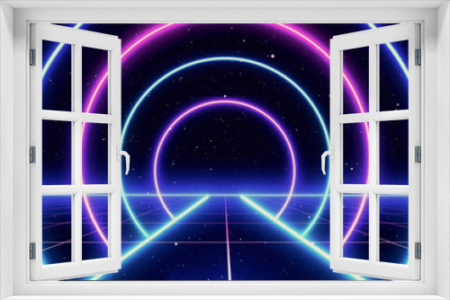 Fototapeta Naklejka Na Ścianę Okno 3D - Retro cyberpunk style 80s Sci-Fi Background Futuristic with laser grid landscape. Digital cyber surface style of the 1980`s. 3D illustration