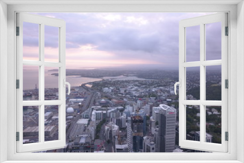 Fototapeta Naklejka Na Ścianę Okno 3D - Viaduct Harbour, Auckland / New Zealand - December 23, 2019: The iconic Skytower landmark of Auckland City and its surrounding buildings