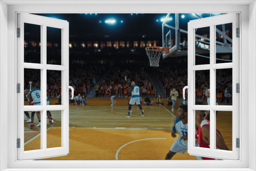 Basketball players on big professional arena during the game. Tense moment of the game. Celebration