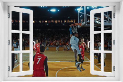 Basketball players on big professional arena during the game. Tense moment of the game. Celebration