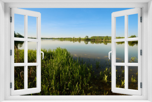 Fototapeta Naklejka Na Ścianę Okno 3D - calm expanse of pond water on a bright sunny day with green grass in the foreground.