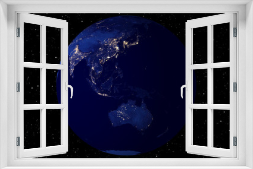 Fototapeta Naklejka Na Ścianę Okno 3D - illustration of Beautiful rotating Asia Earth. View from Space Satellite. Cities light glow at Night.Close up from Animation planet at nigh time.3D Rendering animation using satellite imagery (NASA).
