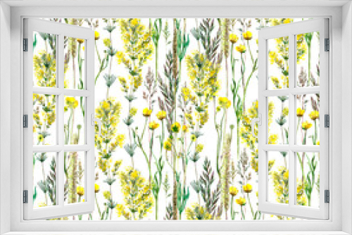 Fototapeta Naklejka Na Ścianę Okno 3D - Watercolor drawing of wild meadow flowers, buds, inflorescences and leaves. Summer design. Design wallpaper, textiles, packaging, packaging paper, fabric. Seamless pattern.