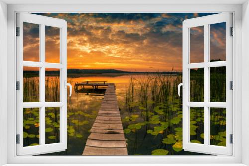 Fototapeta Naklejka Na Ścianę Okno 3D - Panorama of beautiful sunrise over lake