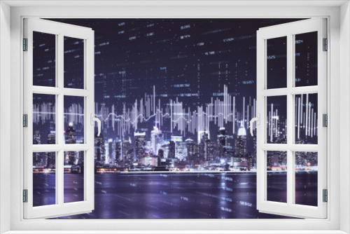 Fototapeta Naklejka Na Ścianę Okno 3D - Financial graph on night city scape with tall buildings background multi exposure. Analysis concept.