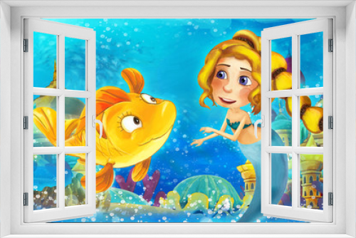 Fototapeta Naklejka Na Ścianę Okno 3D - Cartoon ocean and the mermaid princess in underwater kingdom swimming and having fun with fishes - illustration for children