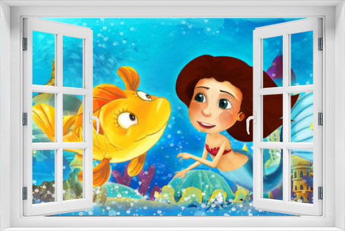 Fototapeta Naklejka Na Ścianę Okno 3D - Cartoon ocean and the mermaid princess in underwater kingdom swimming and having fun with fishes - illustration for children