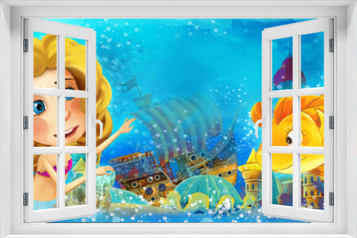 Fototapeta Naklejka Na Ścianę Okno 3D - Cartoon ocean and the mermaid in underwater kingdom swimming and having fun - illustration for children