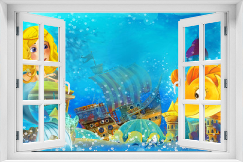Fototapeta Naklejka Na Ścianę Okno 3D - Cartoon ocean and the mermaid in underwater kingdom swimming and having fun - illustration for children