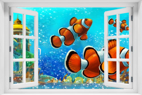 Fototapeta Naklejka Na Ścianę Okno 3D - cartoon scene with fishes in the beautiful underwater kingdom coral reef - illustration for children