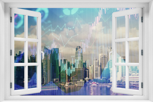 Fototapeta Naklejka Na Ścianę Okno 3D - Forex chart on cityscape with skyscrapers wallpaper multi exposure. Financial research concept.