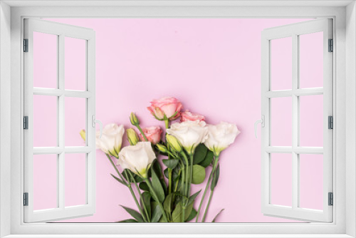 Fototapeta Naklejka Na Ścianę Okno 3D - Beautiful Flowers Background Spring Background White and Pink Flowers on Pink Background Copy Space Horizontal Pink Roses and Eustoma