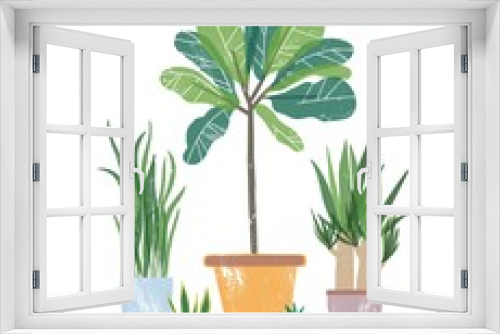 Fototapeta Naklejka Na Ścianę Okno 3D - Decorative houseplants flat vector illustration. Natural yucca and sansevieria in flowerpots. Potted plants, home decorations isolated on white background. Floristry, gardening design element.