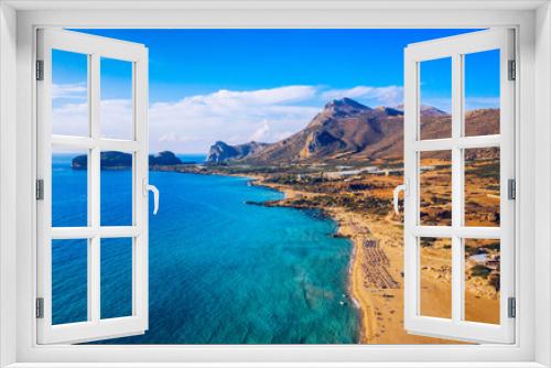 Fototapeta Naklejka Na Ścianę Okno 3D - Aerial shot of beautiful turquoise beach Falasarna (Falassarna) in Crete, Greece. View of famous paradise sandy deep turquoise beach of Falasarna (Falassarna) in North West, Crete island, Greece.