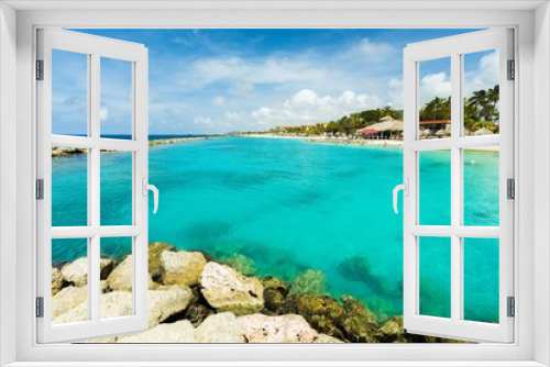 Fototapeta Naklejka Na Ścianę Okno 3D - Amazing view of turquoise water of Atlantic ocean and blue sky with white clouds. Curacao island.. Beautiful nature background.