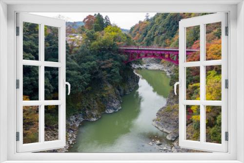 Fototapeta Naklejka Na Ścianę Okno 3D - Eigenji River and Red Iron Bridge, Shiga, Japan. Autumn Colors