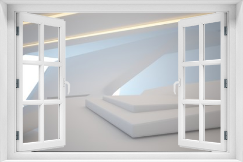Fototapeta Naklejka Na Ścianę Okno 3D - Abstract architectural white smooth interior of a minimalist house with swimming pool and neon lighting. 3D illustration and rendering.