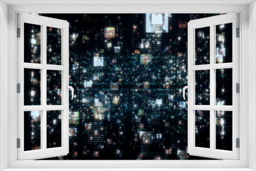 Fototapeta Naklejka Na Ścianę Okno 3D - a social network with a stream of unrecognizable people portraits moving along blue network grid and data connections in black cyberspace background, 3d rendering 4K footage