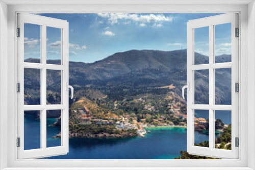 Fototapeta Naklejka Na Ścianę Okno 3D - Wonderful summer seascape of Ionian Sea. Wonderful place for holiday. Amazing Greece. Picturesque colorful village Assos in Kefalonia. Turquoise colored bay in Mediterranean sea. Aerial view.