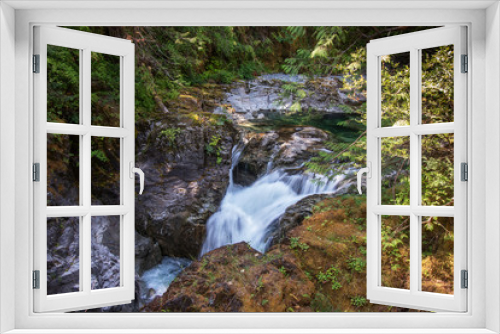Fototapeta Naklejka Na Ścianę Okno 3D - Wild river flow through the jungle, Qualicum Falls, Vancouver Island, BC, Canada