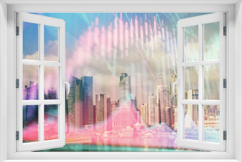 Forex chart on cityscape with skyscrapers wallpaper multi exposure. Financial research concept.