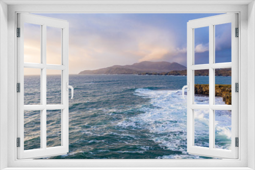 Fototapeta Naklejka Na Ścianę Okno 3D - Aerial view of huge waves breaking at Muckross Head - A small peninsula west of Killybegs, County Donegal, Ireland. The cliff rocks are famous for climbing