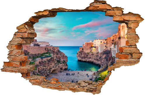 Spectacular spring cityscape of Polignano a Mare town, Puglia region, Italy, Europe. Colorful evening seascape of Adriatic sea. Traveling concept background..