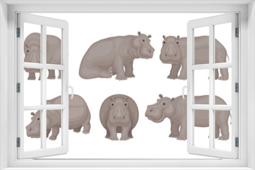 Fototapeta Naklejka Na Ścianę Okno 3D - Huge African Hippo Sitting and Standing Vector Set
